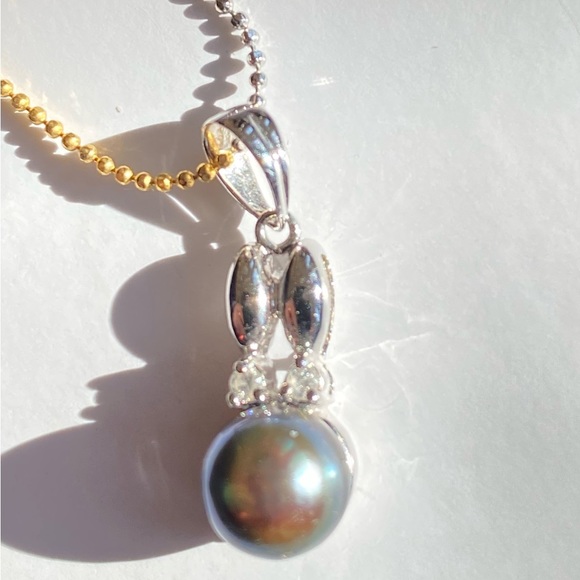 18k Black Tahitian 7.4mm Pearl Pendant Necklace gold & white tone - Picture 7 of 10